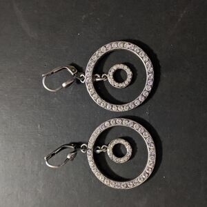 Silver Tone Clear Rhinestone Circle Hoop Dangle Statement Earrings
